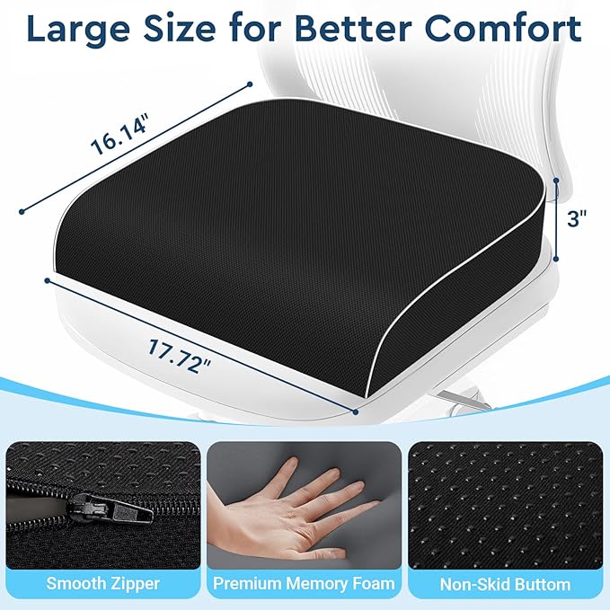 Seat Cushion, Memory Foam Office Chair Cushion, Black, Large | Office Desk Accessories, Butt Pillow for Long Sitting Sciatica, Coccyx, Tailbone, Hip Pain Relief - for Home, Car, Airplane