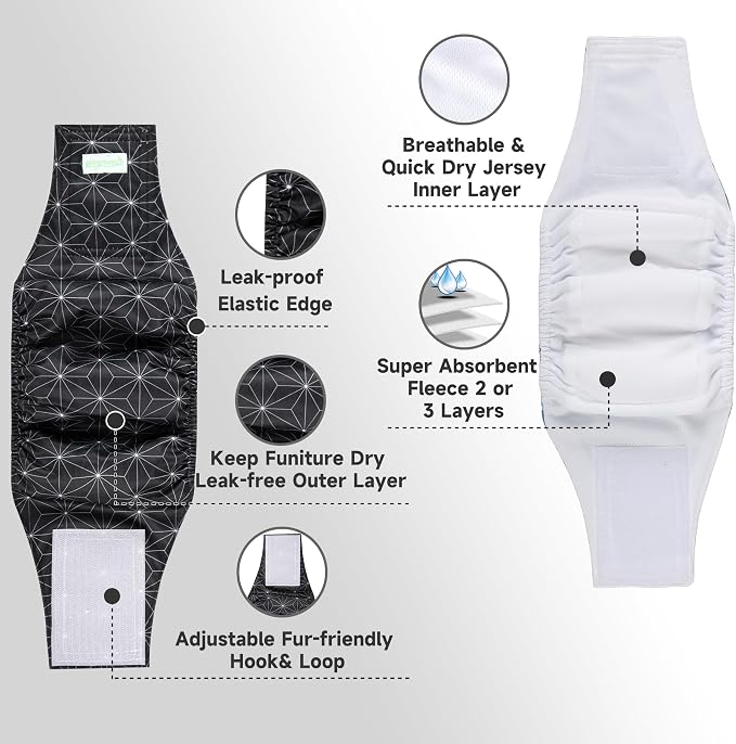 wegreeco Washable Male Dog Diapers (Pack of 3) - Washable Male Dog Belly Wrap (Black Asanoha Pattern, Medium)