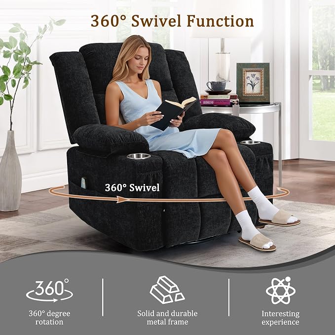 Korser 360° Swivel Rocker Recliner for Adult, Nursery Glider Recliners with Massage & Heating, Rocking Chair with Cup Holder, Manual Recliner Chair for Living Room, Bedroom (Black)