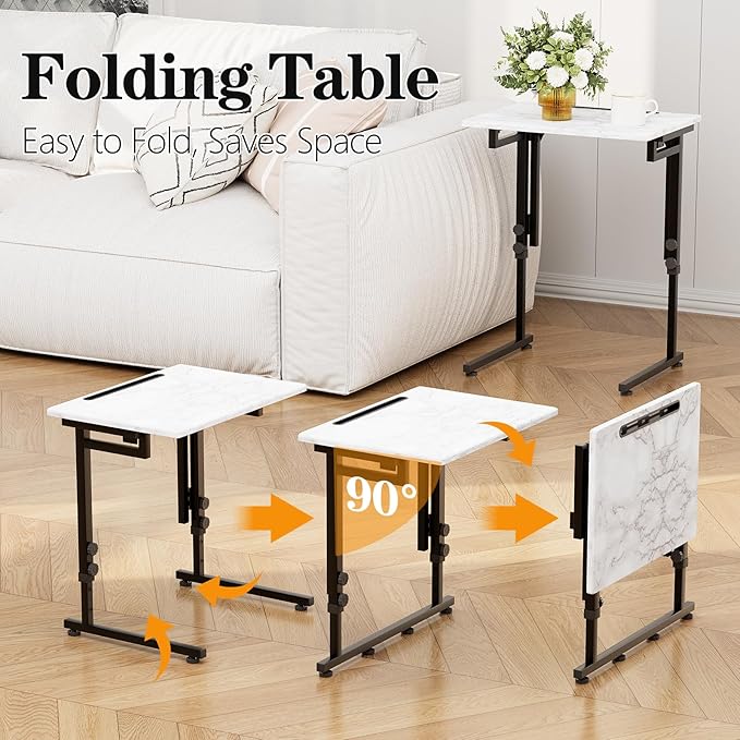 Adjustable Height Tv Tray Table,Portable Folding Tv Dinner Snack Table,Small Foldable C-Shaped End Table for Eating,Slide Under Couch Side with Sturdy MDF Top,No Assembly(White Marble+Black)