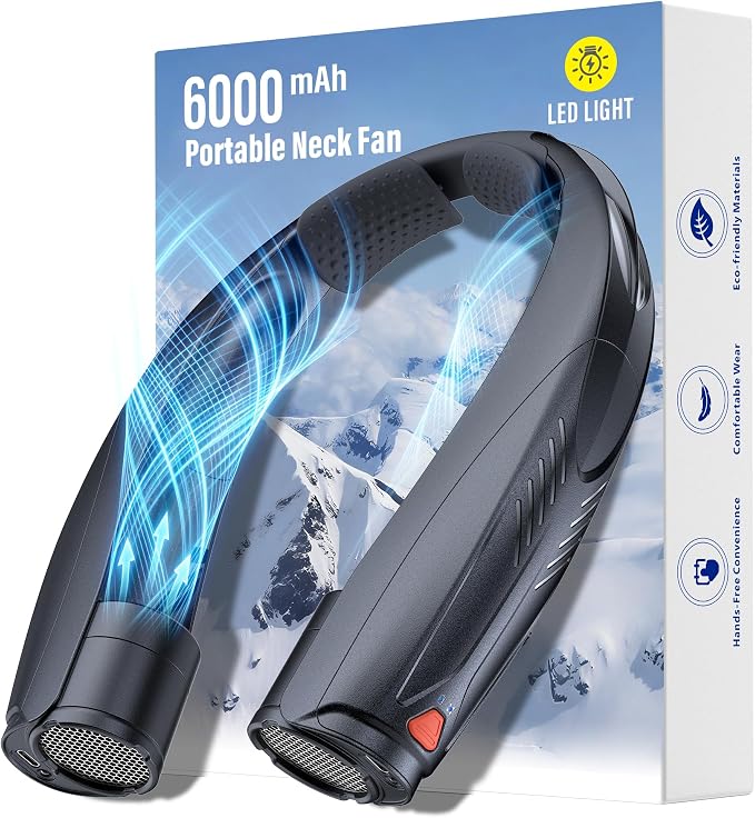 Portable Neck Fan with Reading Light, 6000mAh USB-C Rechargeable Hands Free Fan, 6-Speed Wearable Fan, 360° Cooling Summer Gifts for Men Women, Travel, Camping, Outdoor Work - Black