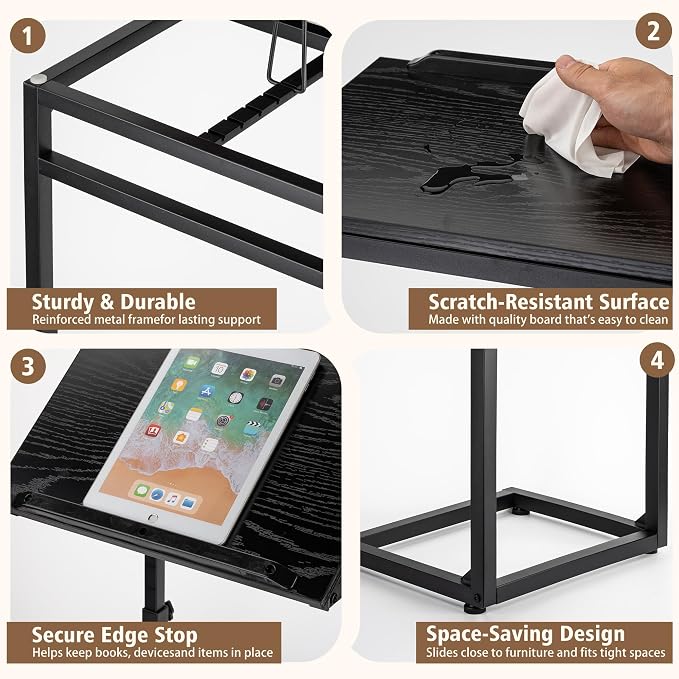 facka C Shaped TV Tray Table, Adjustable Height & 0-60° Tilt for Couch | C Table Sofa Side End Table with Stopper Ledge, Couch Table for Eating, Laptop, Reading & Small Spaces Black