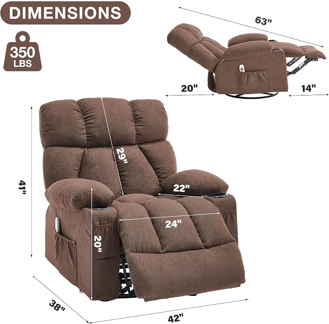 Oversized Massage Swivel Rocker Recliner Chair with Heat and Vibration Rocking Lounge Chair for Living Room Comfy Overstuffed Recliner with 4 Side Pockets,2 Cup Holders, USB Charge Port, Brown