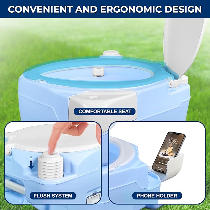 SereneLife 5.3 Gal Portable Toilet with Extra Large Seat, Moonwhite | 20L Waste Tank, 12L Fresh Water Capacity, 100+ flushes, hand sprayer & phone holder for camping, RVs, boating & emergency use