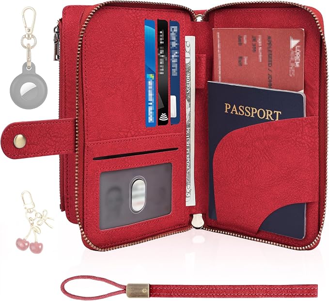 RFID Blocking Passport Wallet, Anti Theft PU Texture Passport Pouch with Tracker Case, Travel Document Organizer Zipper Wallet with Wrist Strap & Keychain, Gifts for Women and Men (Red)