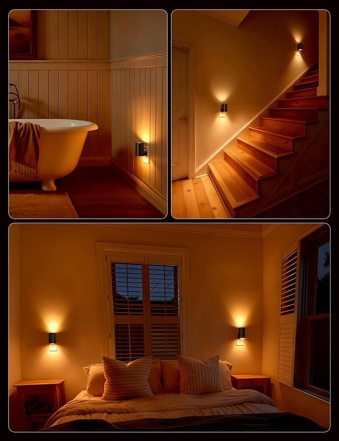 Brightown 2 Pack White Night Lights with Rotating Plug, Amber | Modern Night Light with Rotating Plug, Dusk to Dawn Sensor, 0-100LM Stepless Dimming Night Light for Hallway Bedroom Bathroom