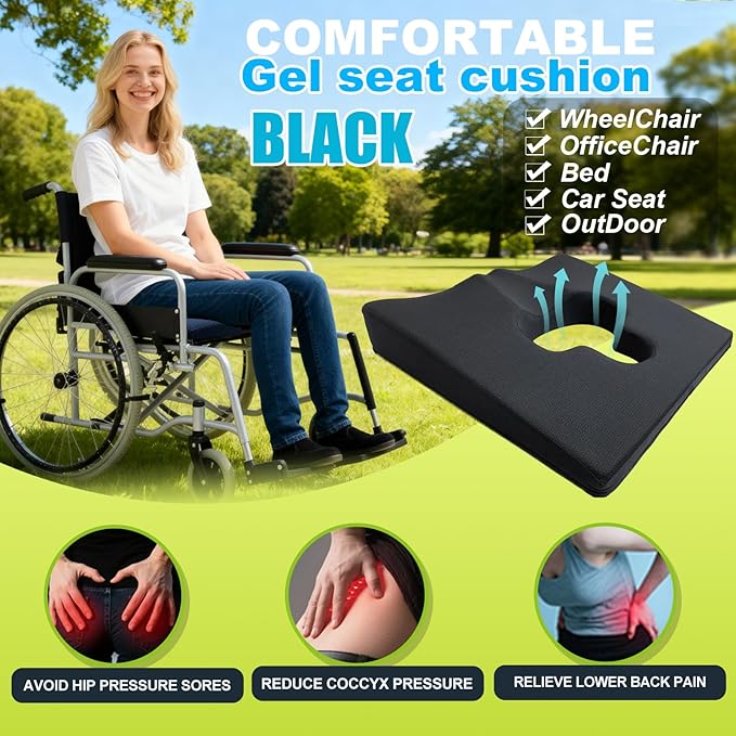 Gel Wheelchair Seat Cushion,Bed Sore Cushions for Butt,Hemorrhoid Pillow,Sciatica,Coccyx,Pressure Sore and Ulcer Pain Relief Butt Pillow,Cushion for Office Chairs with Washable Cover (Black)