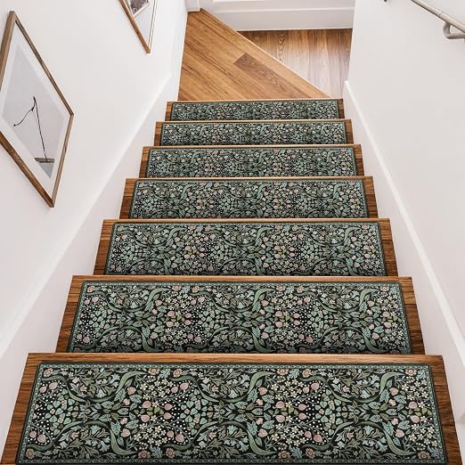 OJIA 15PC Stair Treads Non-Slip Stair Runner for Wooden Steps Indoor 30"x8" | Floral Carpet Stair Treads Stair Mats Staircase Step Treads for Kids, Elders and Dogs, Stair Covers, Black