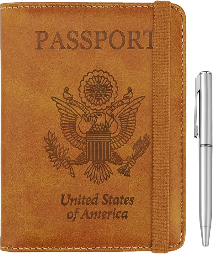 WALNEW Passport Holder for Travel, RFID Passport Wallet, Travel Essentials | PU Leather Passport Cover Case with Pen Holder, Travel Must Haves Accessories, Passport Book Holder for Women Men