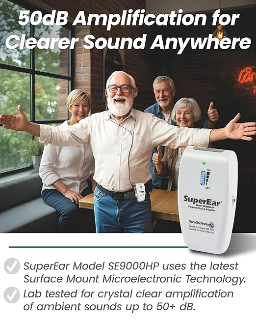 SuperEar Model SE9000HP for Seniors - Hearing Amplifiers for Seniors & Elderly, Super Ear Personal Sound Amplifier, Sound Amplifier Listening Device & Audio Accessories in 50dB Ambient Sounds Increase