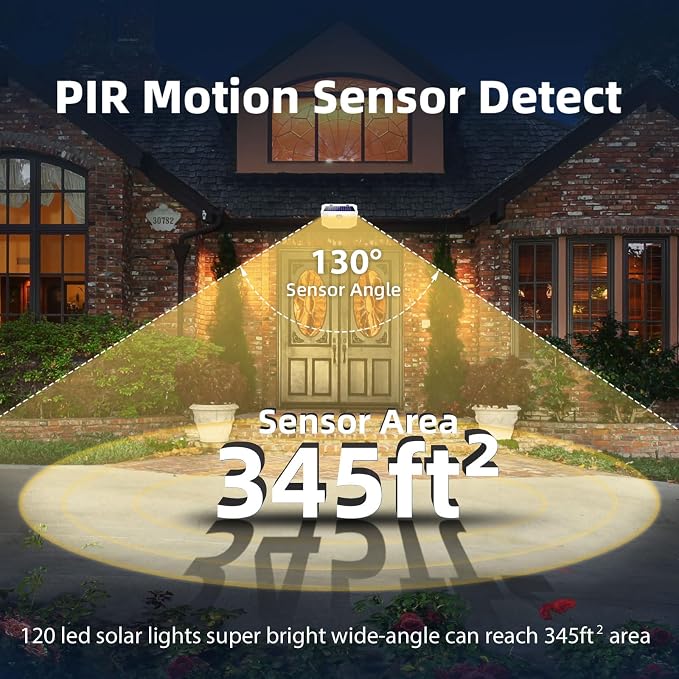 HMCITY 120 LED Solar Lights Outdoor Motion Sensor, 4 Pack, White Warm | 3 Lighting Modes, IP65 Waterproof, Front Button Control, Wide Solar Wall Lights Ideal for Garden Patio Yard
