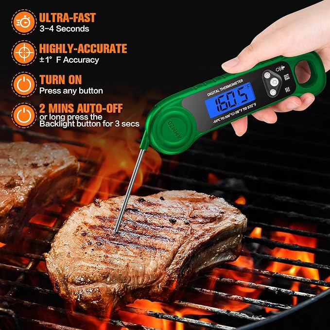 AMMZO Digital Meat Thermometer for Grilling, Candy Thermometer Instant Read Food Thermometer Waterproof with Backlight for Cooking, Deep Fry, BBQ, Grill, Smoker and Roast (Green)