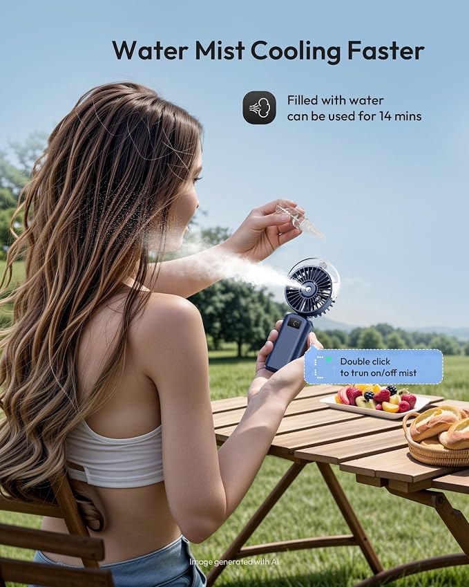 Gaiatop Portable Misting Fan, Rechargeable Handheld Fan with Water Spray | Water Mist Spray, Foldable Design, 3 Speeds, LED Display, USB Rechargeable Fan for Travel, Concerts and Outdoor Use