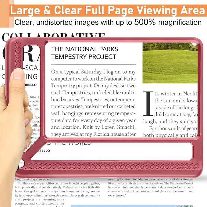 AKKYCVS 5X Full Page Magnifying Glass for Reading, Lightweight Rectangular Magnifier Provides Large Book Page Viewing Area, Handheld Magnifier for Reading Small Prints for Seniors, Low Vision-Red