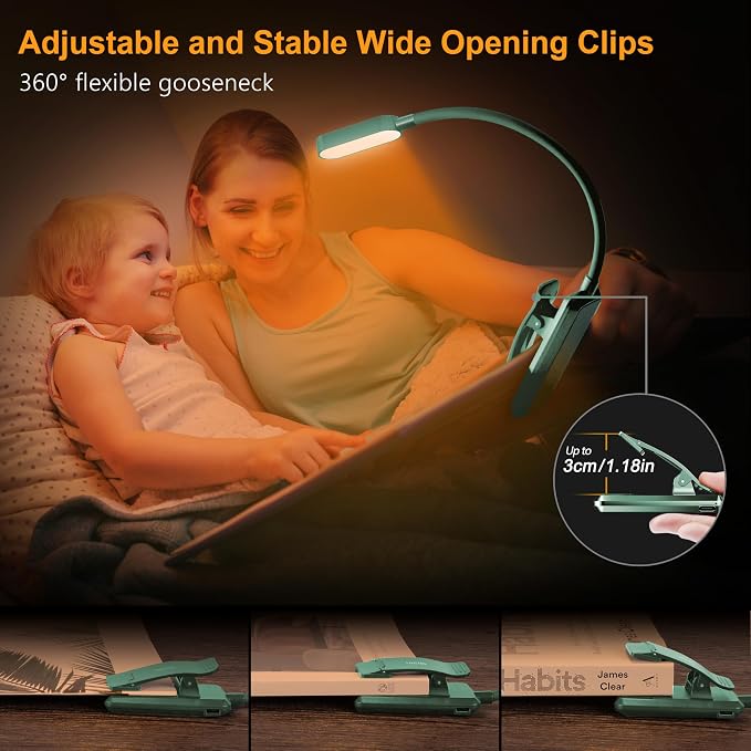 Gritin 16 LED Rechargeable Book Light for Reading in Bed | Eye Caring 3 Color Temperatures, Stepless Dimming Brightness, 80 Hrs Runtime, Lightweight Flexible Clip on Light-Green