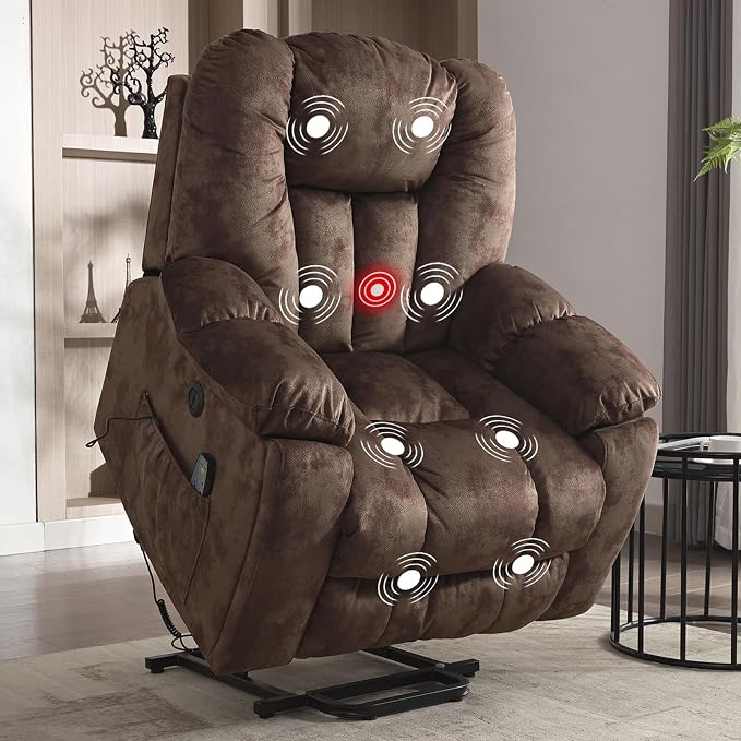 Power Lift Recliner Chair with Massage and Heat for Elderly, Overstuffed Wide Recliners, Heavy Duty and Safety Motion Reclining Mechanism with USB Ports, 2 Concealed Cup Holders, Chocolate