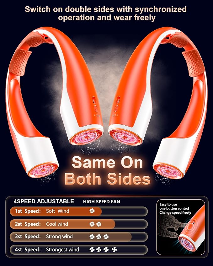 Rohent Personal Neck Fan for Outdoor: Powerful High Speed Personal Fan 360° Cooling - 4000mAh Battery Operated Rechargeable Neck Fan for Travel Camping - Orange | 360° Cooling 4000mAh Battery Operated Rechargeable Neck Fan for Travel Camping