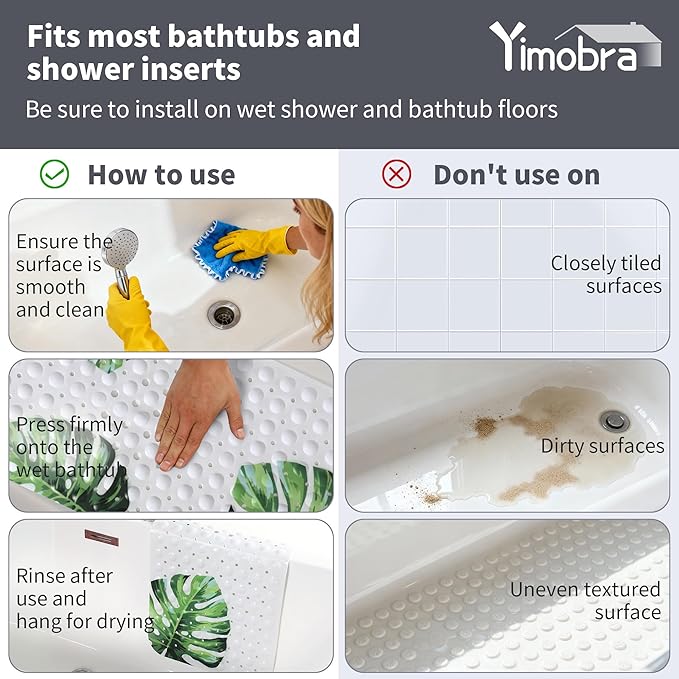 Yimobra Non Slip Bathtub Mat 40 x 16 Inch, Extra Long Shower Mat with Drain Holes, Machine Washable Baby Bath Mats, Strong Suction Cups for Bathroom Floor, Banana