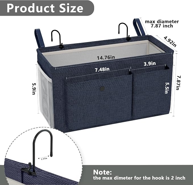 Bedside Caddy Bedside Storage Hanging Organizer for Bunk Dorm Bed Rail | Bed Caddy with Hooks, Top Bunks and Dorm Essentials for Water, Tissues, Tablets, Books, Phones, Remotes and Other Necessories