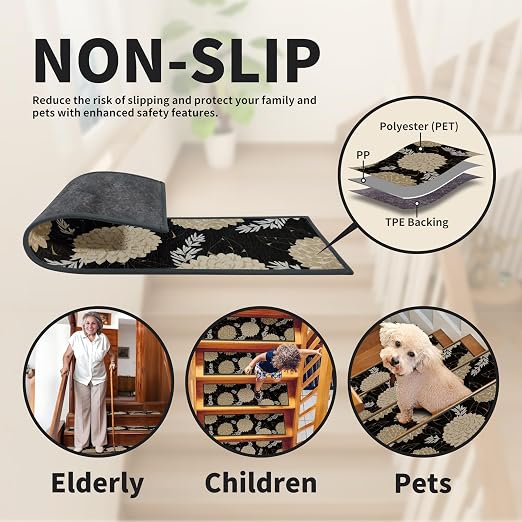 Non Slip Stair Treads for Wooden Steps, 4 Pack 8"x30" Washable Carpet | 8x30 in soft chenille polyester stair treads with reusable TPE backing for indoor wood stairs, dogs, kids, and seniors