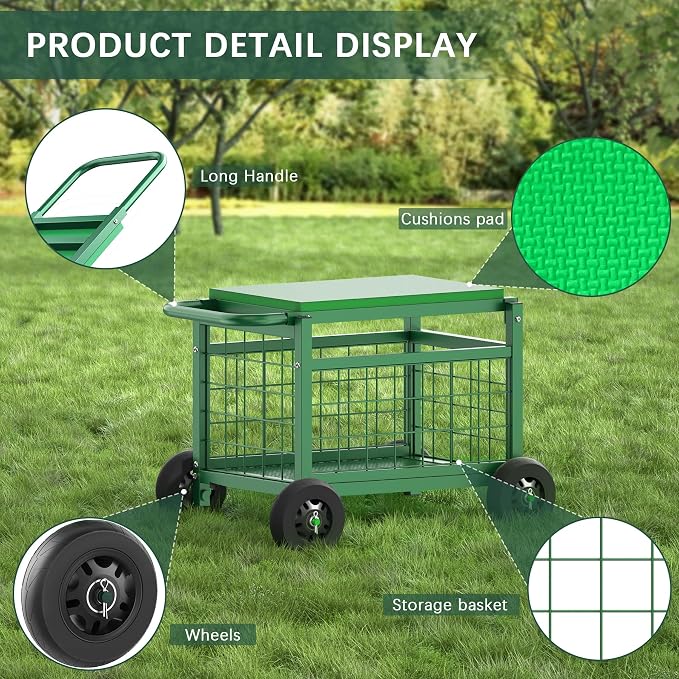 Garden Cart with Seat,3-in-1 Rolling Seat with Wheels for Seniors Gardening | Upgraded Heavy Duty Gardenning Cart with Seat, Supports up to 500 LBS for Seniors, Lawn, Patio & Backyard Gardening, Green