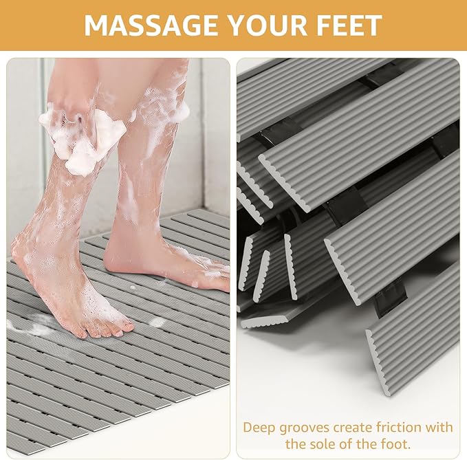 Yolife PVC Large Shower Mat, 35.4 × 24 Inch Non Suction Cup Non Slip Shower Floor Mat, Easy to Cut & Curlable Stand Up Shower Stall Mat, Heavy Duty Bath Shower Mats for Inside Shower