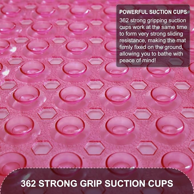 TEESHLY Bath Tub Shower Mat, Non Slip Bathtub Floor Liner Mats with Suction Cups and Drain Holes, Machine Washable Bathmat for Bathroom Floor Safety, 40 x 16 Inch, Clear Burgundy