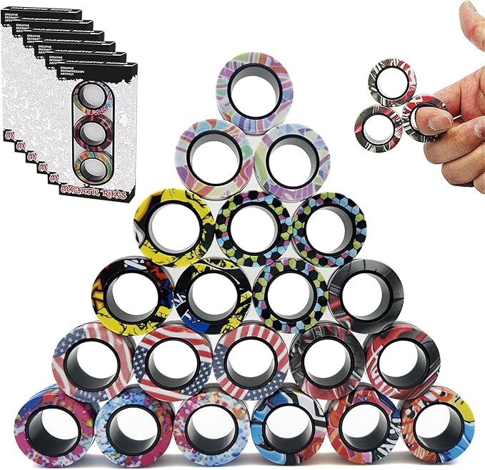 24Pcs Magnetic Rings Fidget Toys Spinner Set Christmas Party Favors,Finger Magnet Rings Endless Hours of Fun ADHD Stress Relief Fidget Spinner for Relieve Anxiety Birthday for Adults Teens Kids