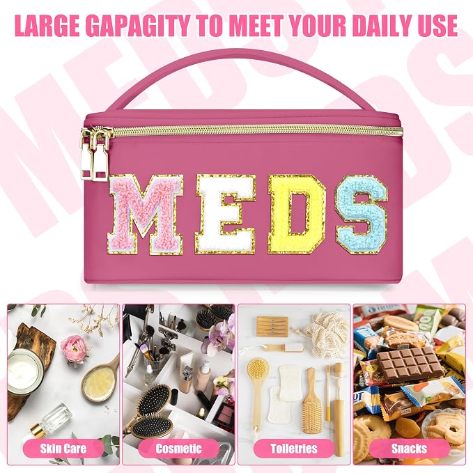 BuyCard Medicines Chenille Letter Bag Nylon Meds Makeup Pouch Preppy Path with Zipper and Handle Cosmetic Toiletry Storage Purse for Women Rose Red