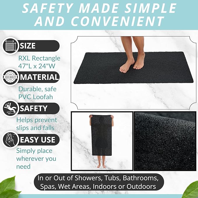 Soft Shower Mat Non Slip - PVC Loofah Inside or Outside Showers, Bathtubs, Bathrooms, and Wet Areas - Safe for Textured Tiled and Smooth Floor - No Suction Cups Secure Anti Slip (Black 24 x 47)