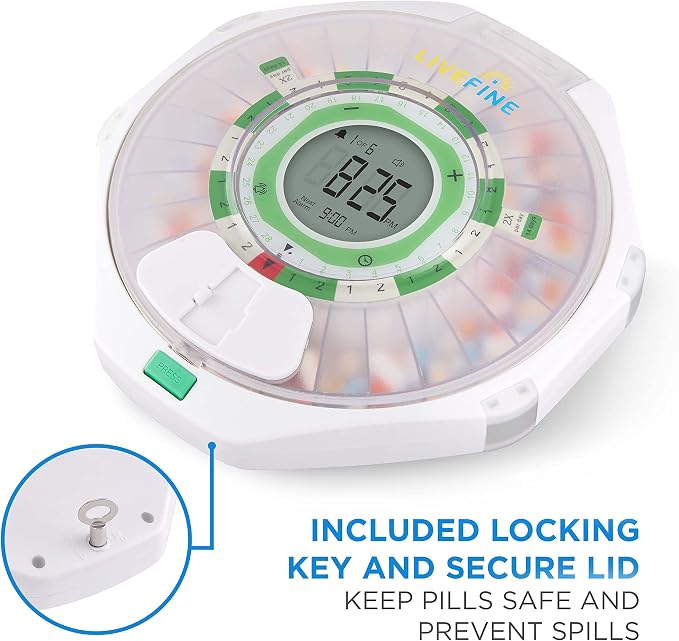 LiveFine 28-Day Automatic Pill Dispenser, 9 Dosage Rings, Frosted Lid | Battery-powered and travel-ready with a lockable key cover - trusted by seniors and arthritis sufferers.