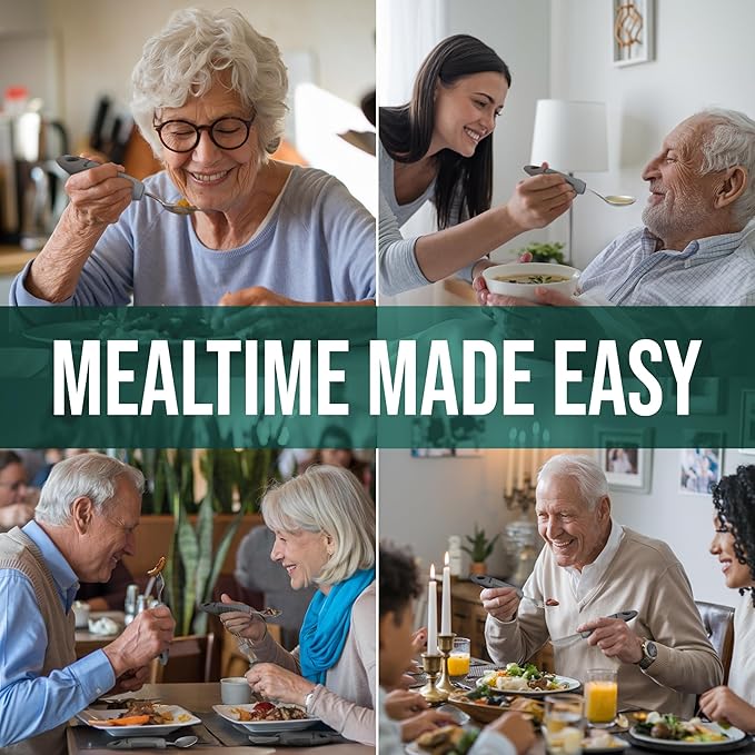 BUNMO Adaptive Utensils for Elderly, Arthritis, Weak Hand Grip & Handicapped - 4 Piece Set - Convenient Travel Pouch - Lightweight - Arthritis Gifts for Seniors Over 80 - Gifts for Disabled Adults