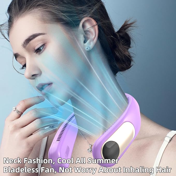Portable Neck Fan, Personal Wearable Bladeless Fan for Outdoor Indoor, LED Display, 360° Cooling, 4-Speeds, 6000mAh USB Rechargeable, Birthday Gifts for Men Women Dad Mom (Purple)