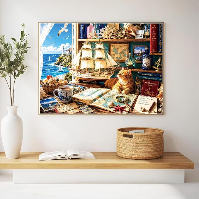 300 Piece Jigsaw Puzzle for Kids & Adults – Nautical Ocean Puzzle with Sailboat, Lighthouse, Cat and Vintage Coastal Room Scene, Family Game Puzzle Gift for Boys Girls Ages 8+, 20.5 x 15 in