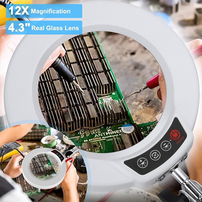 12X Magnifying Glass with Light and Stand, 5 Color Modes Stepless Dimmable 2-in-1 Lighted Magnifier with Clamp, LED Desk Lamp Hands Free for Crafts Hobby Reading Painting Sewing Close Work White