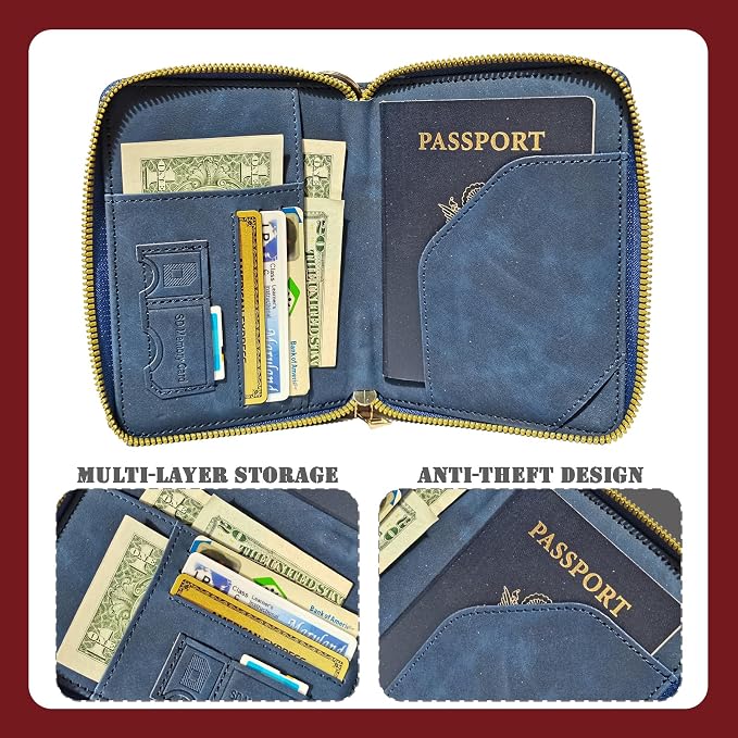 Passport Holder with Tether and Carabiner Clip to Prevent Loss and Theft, Rfid Passport Holder for Travel, Passport Cover, Wallet & Case for Men and Women (Blue - Tether and Carabiner)