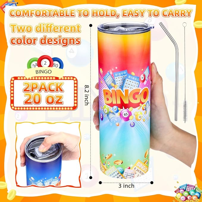 Geiserailie 2 Pack Bingo Tumbler Cups 20 oz Game Gifts Stainless Steel Tumbler with Lids Prizes for Seniors Mom Grandma Dad (Bright)