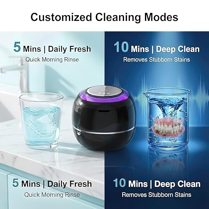 Ultrasonic Retainer Cleaner Machine, Black, 42KHZ Dental Cleaning Pod For Denture, Toothbrush Heads,Jewelry, Braces, Digital Timer with 2 Modes, 180ML,304 stainless steel inner liner