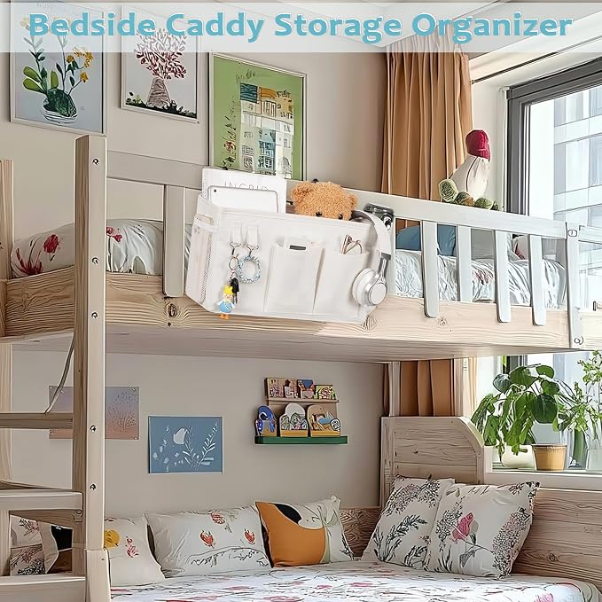 Bedside Caddy, Bedside Storage Bag Hanging Organizer for Bunk Dorm Bed Rail | Bed Caddy with Hooks, Top Bunks and Dorm Essentials for Water, Tissues, Tablets, Books, Phones, Remotes and Other Necessories