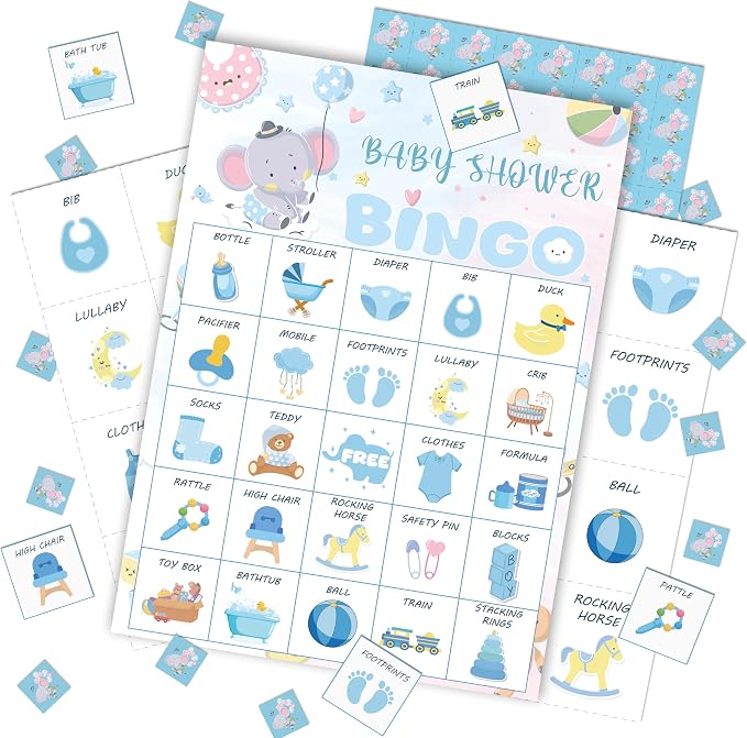 Baby Shower Bingo Game Cards Set for Guests Adults, Blue Elephant Baby Shower Party Bingo Game Gender Reveal Bingo Game for Family Friends Large Group Activity, Favors Supplies Decorations