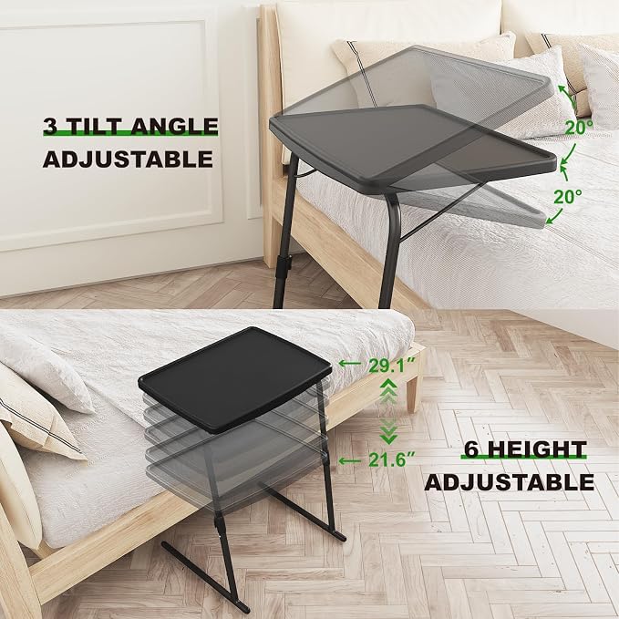 TV Tray Table, Max Folding TV Dinner Tray w/6 Height & 3 Tilt Angle, Adjustable TV Trays for Eating on Couch, Large Size Foldable Couch Laptop Table, Black, 16.9 x 22 x 29.1inch, 110lbs