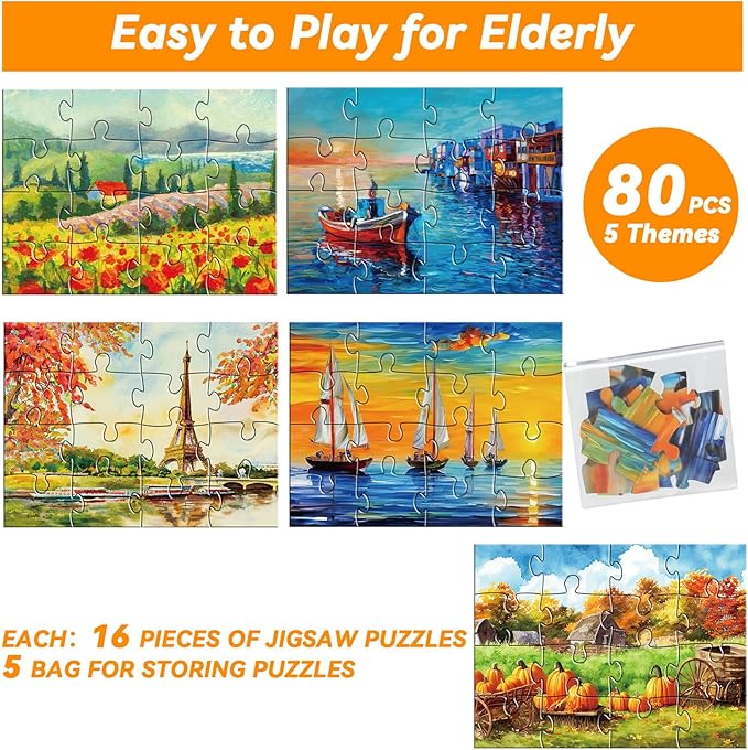 5 Packs 16 Piece Large Jigsaw Puzzles for Elderly Dementia Alzheimer's Products Activities, Alzheimer's Puzzles Cognitive Games for Adults Elderly Seniors with 5 Storage Bags