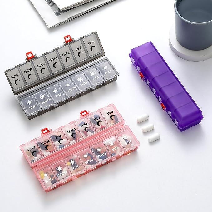 Foldable Pill Organizer Weekly 2 Times a Day, 7 Day Portable AM PM Travel Pill Case with Black&White Labels, Dual-Protection Daily Medicine Box, Large Pill Holder for Vitamin/Supplement-Clear Purple