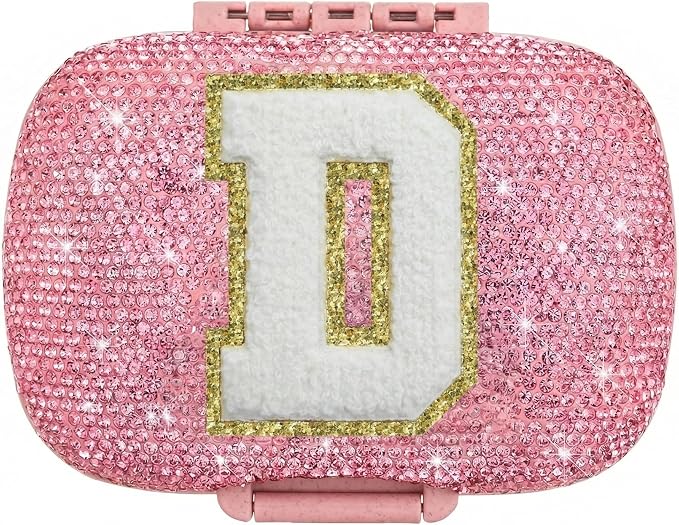 Cute Pill Organizer Small Bling Pill Case for Purse Medicine Vitamin Container Holder Daily Pill Box Container for Women Travel Medicine Kit(Letter D Pink)
