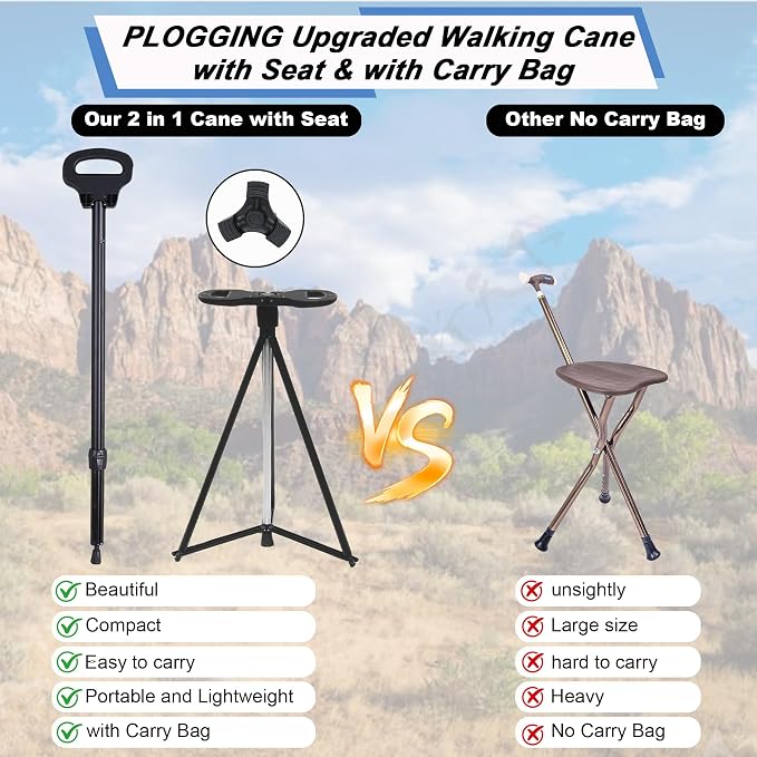 Walking Cane with Seat for Men & Women, Lightweight Anti-Slip Walking Stick with Carry Bag, Portable Stool for Senior & Adults, Foldable Cane Chair for Travel Hiking
