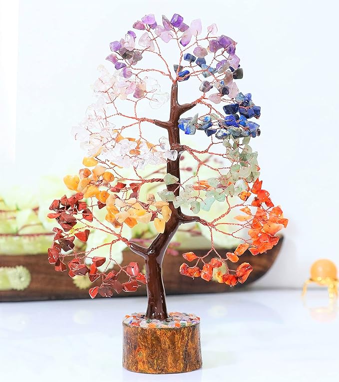 Crocon Seven Chakra Gemstone Tree Copper Wire Feng Shui Money Bonsai Good Luck Chakra Healing Crystals Home Decoration Ornament Figurine Wealth Prosperity Gift Size: 10-12"""