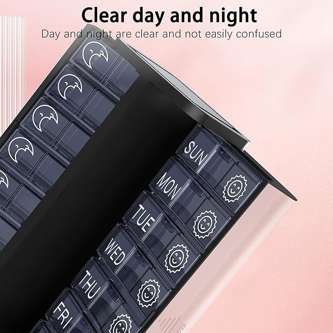 Pill Organizer, Weekly 2 Times a Day for 7 Day Leather Medicine Box Travel Container, Removable Am Pm Vitamin Case, Twice Daily Privacy Pill Holder, Portable Pillbox (Silver and Pink)