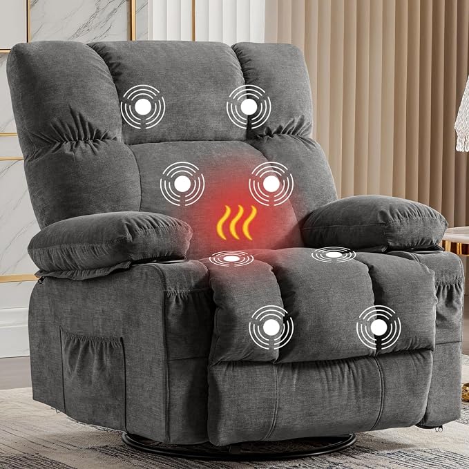 MAHOMICO Oversized Recliner Chair with Massage and Heat, 360° Swivel Rocker | Fabric swivel rocker recliner with ergonomic support, USB charging, cup holders and side pocket for living room