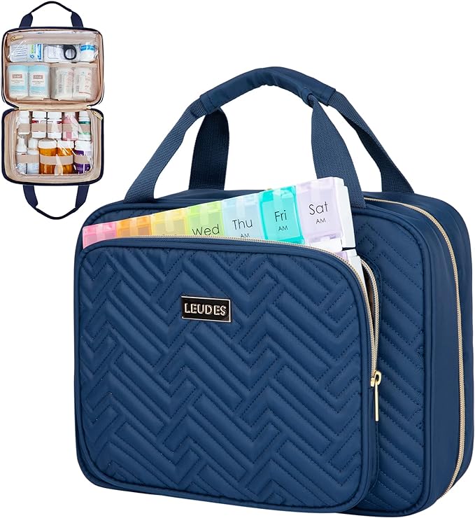Leudes Travel Pill Bottle Organizer,Medicine Organizer and Storage,Home Medication Bag, Cases,Carrier for Pills,Vitamin,Fish Oil,Supplements for Women and Men (Medium, Blue)