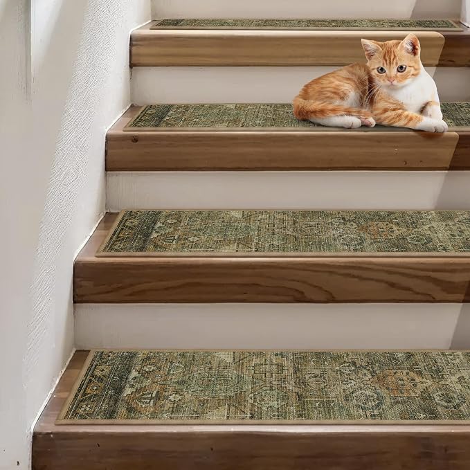 sarben 8"x30" Non Slip Stair Treads for Wooden Steps 15 Pack, Olive Brown | Peel and Stick Carpet Stair Runner with TPE Adhesive Backing, Carpet for Added Safety, Pet and Senior Friendly